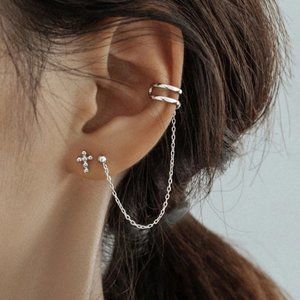 *NEW 925 Sterling Silver Cross Chain Cuff Earrings